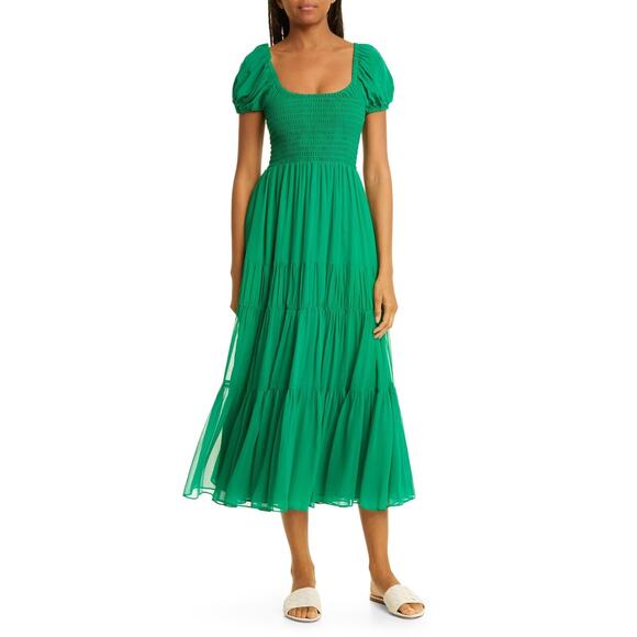 Nordstrom Valentina Smocked Tiered Silk Midi Dress - M - Kelly Green